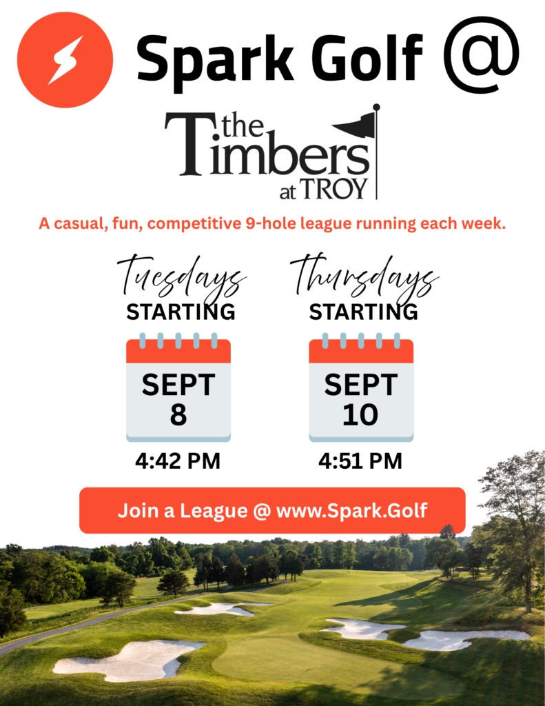 Aeration Timbers at Troy 8.26 Popup Timbers at Troy Spark League Flyer Fall 26